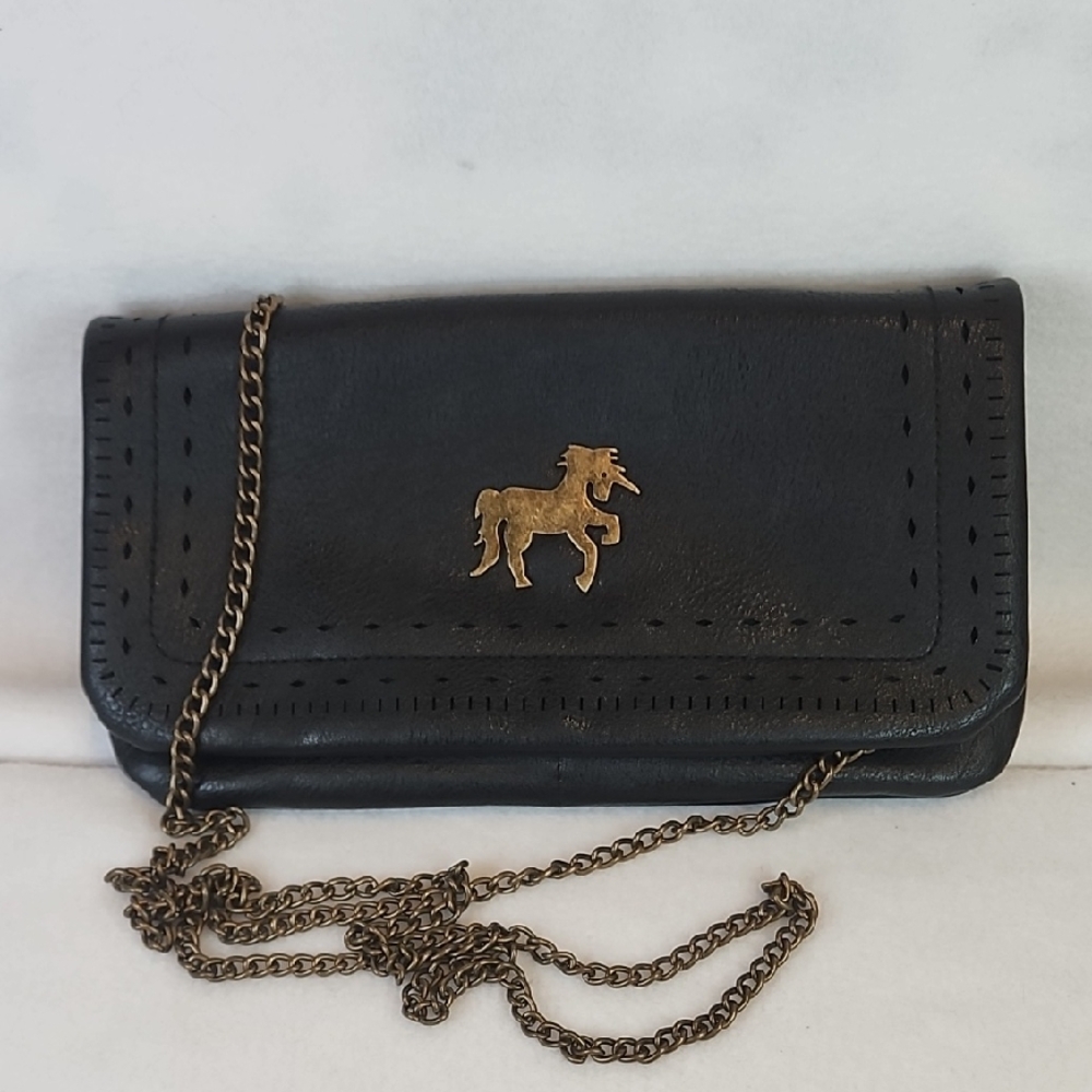 Black Leather Clutch with Gold Horse Accent and Chain Strap
